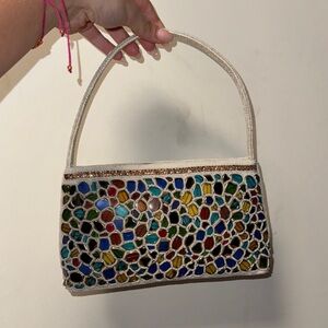 Mosaic White Multicolor Beaded Handbag